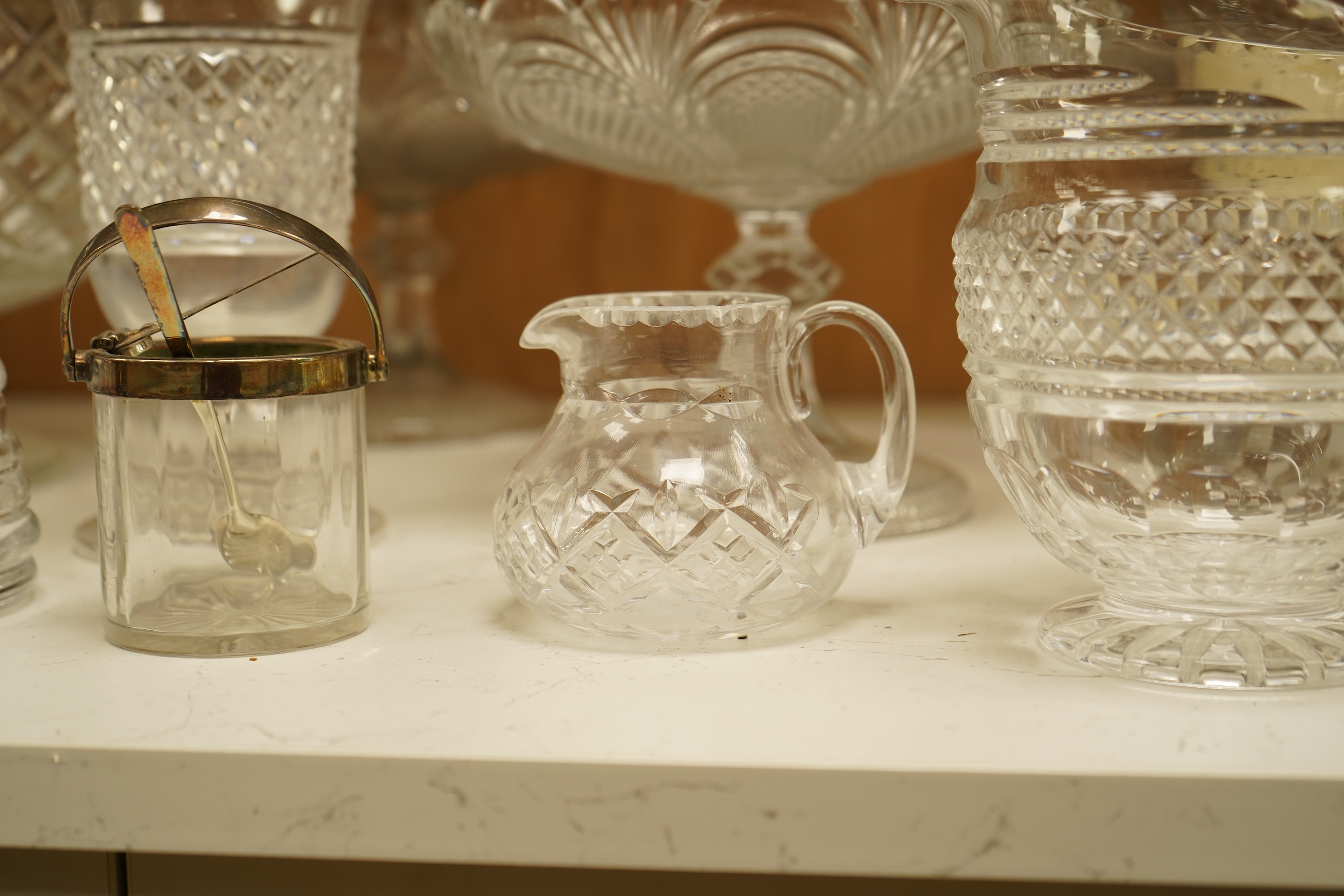 Collection of glassware to include William Yeoward beehive honey skep, five pressed glass comports and other glassware, largest 23cm in diameter